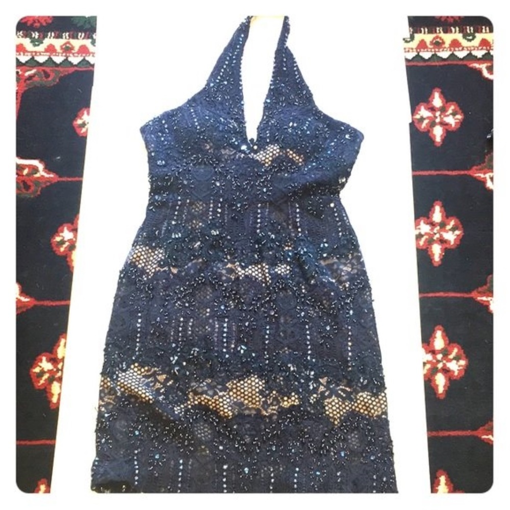 BEAUTIFULLY HAND BEADED Lace Halter Mini Dress